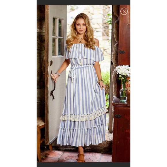 Altar'd State Off Shoulder Maxi Dress Blue White Stripe Fringe Tassel Large - Picture 3 of 9